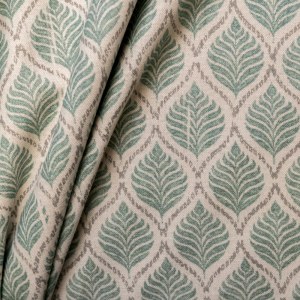 Tela lino Hoja Block Print Aqua dibujo geométrico en forma de hoja color verde agua