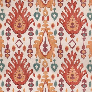 Tela con base de lino y algodón en color natural con dibujo ikat en tonos tejas y mostazas