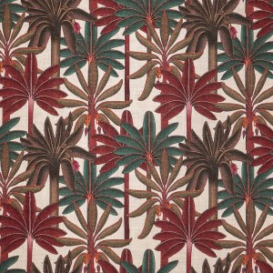 Tela lino estampado con dibujo de palmeras verdes y burdeos sobre fondo en color natural