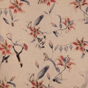 Tela lino color natural con estampado de flores Lirio rosas y monos