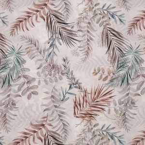 Tela de fondo blanco estampada con bonitas ramas y hojas en suaves tonos verdes, marrones y ocres.