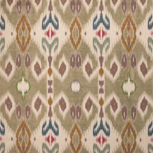 Tela lino y algodón en color piedra natural estampada con un bonito dibujo ikat en tonos verdes, ocres y arenas.