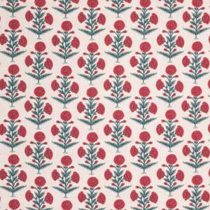 Tela lino Clavel Indio son unas bonitas flores rojas estampadas sobre un lino en color blanco roto.