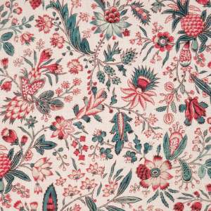 Tela lino Clavel Rameado son unas bonitas flores con hojas estampadas sobre un lino blanco roto.