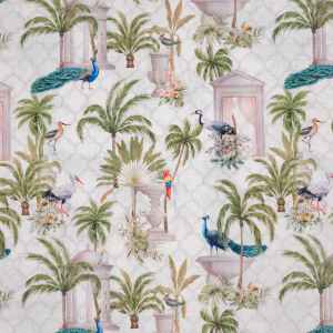 Tela estampada con un bonito dibujo con palmeras de suaves colores y diferentes aves tropicales.