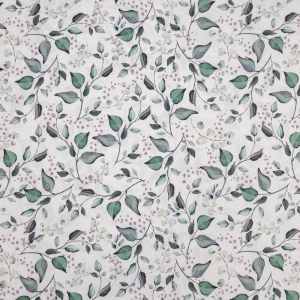 Tela mini hojas acuarela es una loneta en color blanco natural estampada con un bonito dibujo de hojas en tamaño pequeño en tonos verdes.