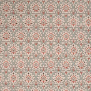 Tela con una base de lino, algodón y poliéster de doble ancho, estampada con unas bonitas flores combinadas en crudo y coral sobre fondo verde agua.